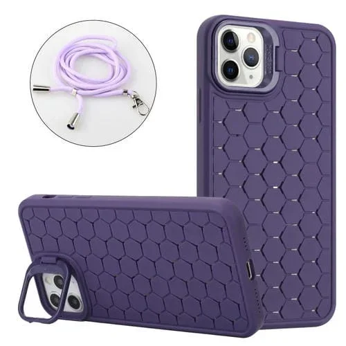 Funda para teléfono iPhone 15 Pro Max Honeycomb Radiating Lens Holder con Magsafe y cordón (Púrpura)