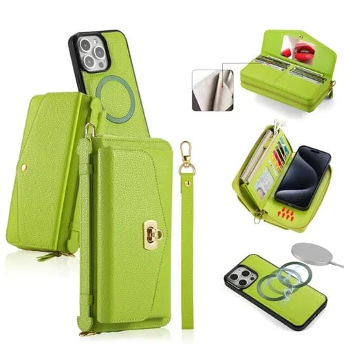 Funda para Teléfono iPhone 15 Pro Max Magsafe Cartera Multifuncional con Cremallera Cuero Litchi (Verde)