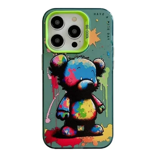 Funda para teléfono iPhone 15 Pro Max PC y TPU Patrón de Animales Serie de Pintura al Óleo (Oso Colorido)