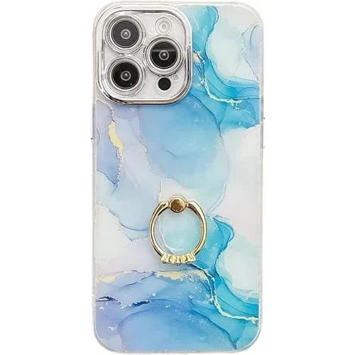 Funda para Teléfono iPhone 15 Pro Max Soporte de Anillo Textura Mármol Galvanizado (Azul Verde)