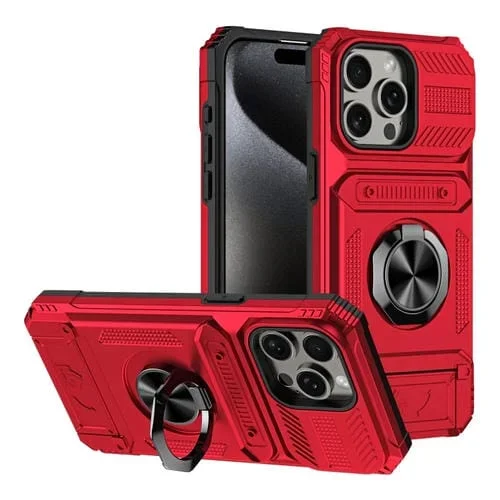 Funda para Teléfono iPhone 15 Pro Max TPU + PC con Tarjeta a Prueba de Golpes y Soporte para Anillo (Rojo)