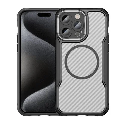 Funda para Teléfono iPhone 15 Pro Max Translúcida Magsafe Textura Fibra de Carbono (Negro)