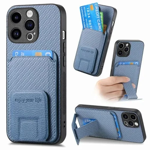 Funda para Teléfono iPhone 15 Pro Soporte Plegable Bolsa para Tarjetas Fibra de Carbono (Azul)