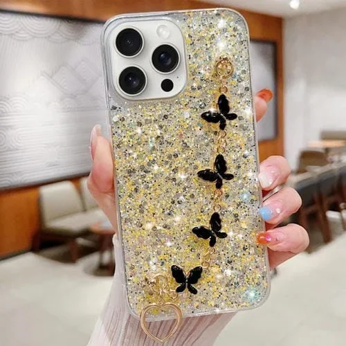 Funda para Teléfono iPhone 15 Pro TPU Epoxi con Cadena de Mariposa y Lentejuelas Estrelladas (Amarillo)