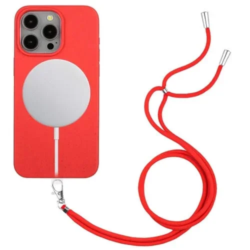 Funda para teléfono iPhone 15 Pro Wheat Magsafe Material de Paja Magnético + TPU con Cordón (Rojo)