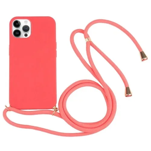 Funda para Teléfono iPhone 15 Pro Wheat Straw TPU a Prueba de Golpes con Cordón para El Cuello (Rojo)