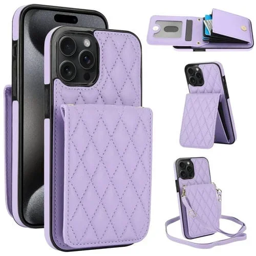 Funda para Teléfono iPhone 15 Pro Ym015 Rfid con Bolsa para Tarjeta Rómbica Cruzada (Púrpura Claro)