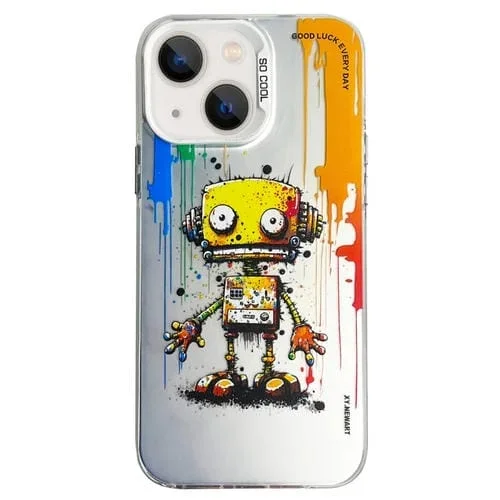 Funda para Teléfono iPhone 15 Serie Plateada Doble Capa con Pintura al Óleo Animal (Robot)