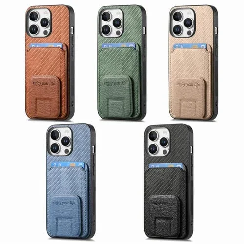 Funda para Teléfono iPhone 15 Soporte Plegable Bolsa para Tarjetas Fibra de Carbono (Azul)