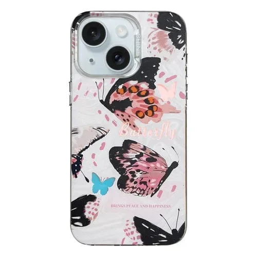 Funda para Teléfono iPhone 15 TPU + PC con Patrón Colorido (Mariposas Rosadas)
