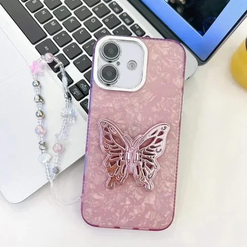Funda para Teléfono iPhone 16 Plus con Correa y Textura de Película de Lente (Rosa)