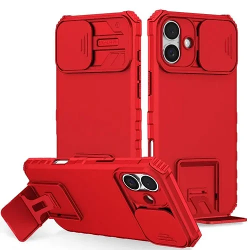 Funda para Teléfono iPhone 16 Plus con Soporte Estereoscópico y Escudo de Levas Deslizante (Rojo)