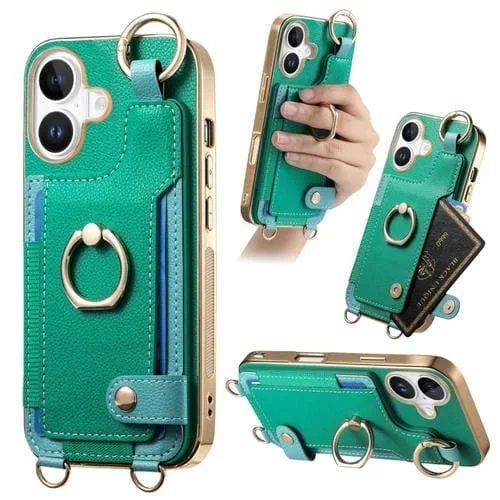 Funda para Teléfono iPhone 16 Plus con Tarjetero Anillo y Presilla para Colgar (Verde)
