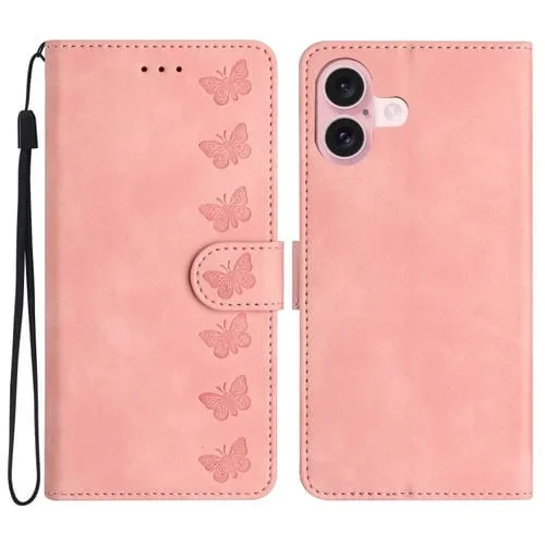 Funda para Teléfono iPhone 16 Plus Cuero con Relieve de Siete Mariposas (Rosa)