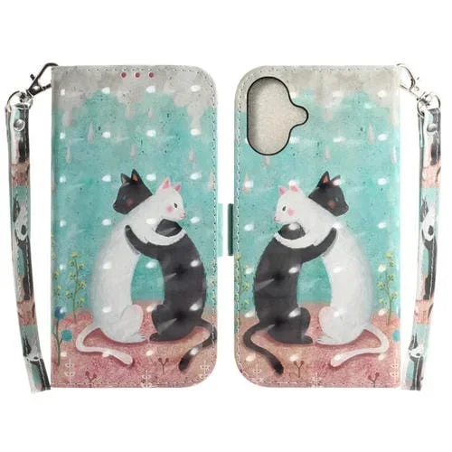Funda para Teléfono iPhone 16 Plus Cuero Tapa Horizontal Color 3D (Gato Blanco y Negro)