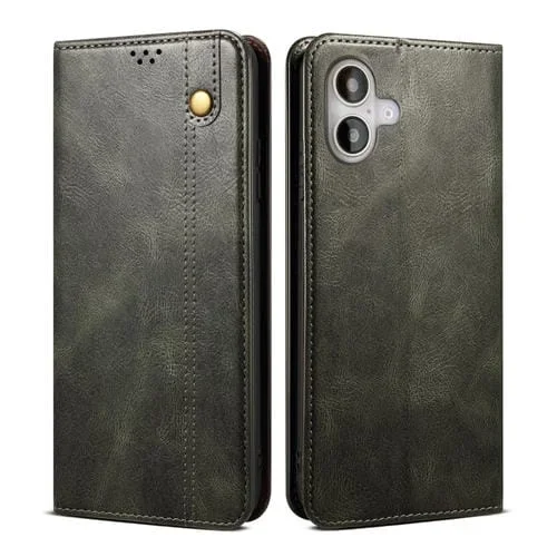 Funda para Teléfono iPhone 16 Plus Cuero Textura Crazy Horse con Cera de Aceite (Verde)