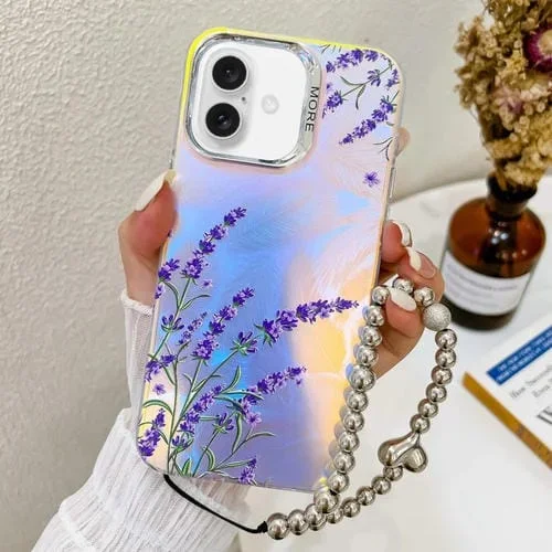 Funda para Teléfono iPhone 16 Plus Flor Láser Galvanizada con Correa para Muñeca (Lavender)