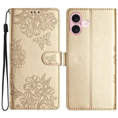 Funda para Teléfono iPhone 16 Plus PU Sensación de Piel Mariposa y Flor de Cerezo En Relieve (Dorado)