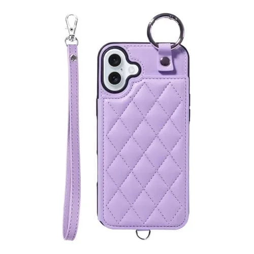 Funda para Teléfono iPhone 16 Plus Textura Rómbica Cordón Corto (Morado)