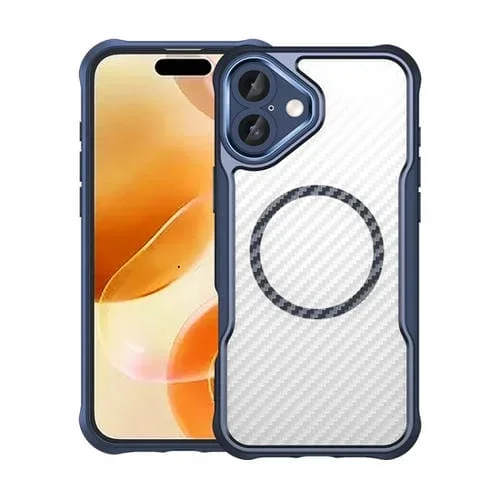 Funda para Teléfono iPhone 16 Plus Translúcida Magsafe con Textura de Fibra de Carbono (Azul)