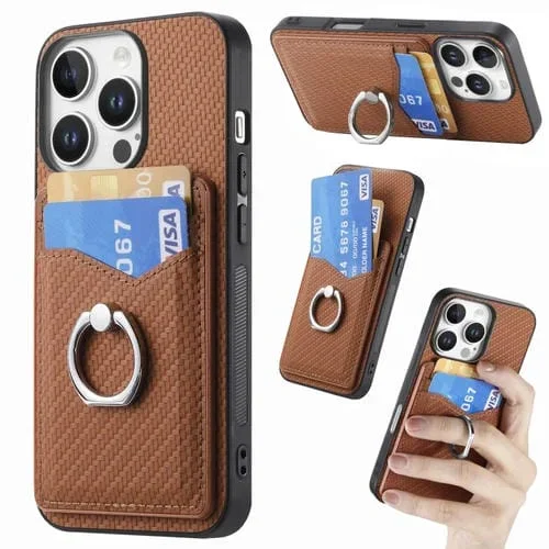 Funda para Teléfono iPhone 16 Pro Billetera Anillo Fibra de Carbono (Marrón)