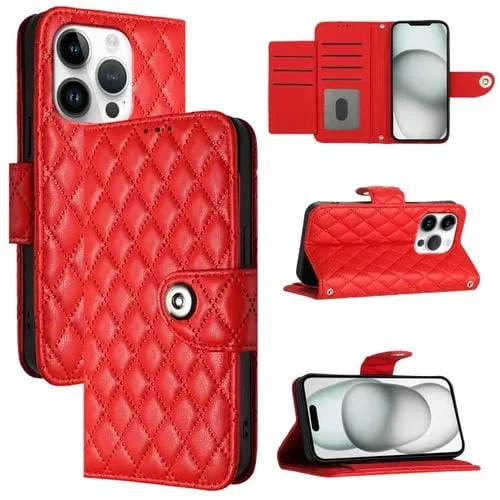 Funda para Teléfono iPhone 16 Pro Cuero con Tapa Textura Rómbica y Cordón (Rojo)