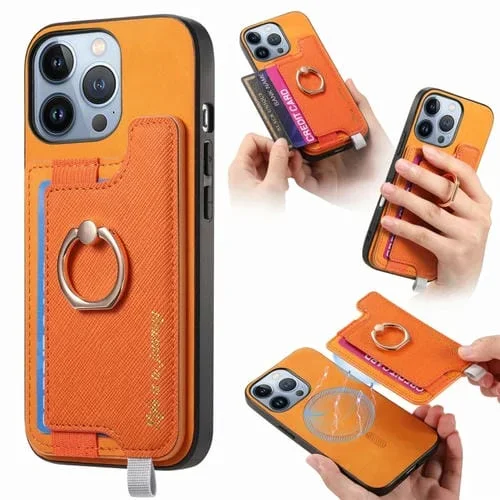 Funda para Teléfono iPhone 16 Pro Cuero con Tarjetero y Anillo Diseño Retro Magsafe (Amarillo)