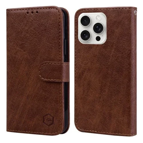 Funda para Teléfono iPhone 16 Pro Cuero PU + TPU Tacto de Aceite (Marrón)