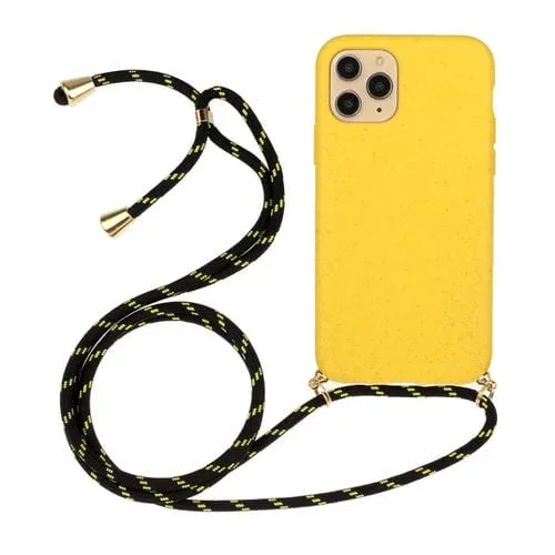 Funda para Teléfono iPhone 16 Pro Material Paja de Trigo TPU con Cordón (Amarillo)