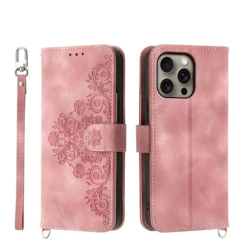 Funda para Teléfono iPhone 16 Pro Max Cuero con Billetera En Relieve y Flores (Rosa)