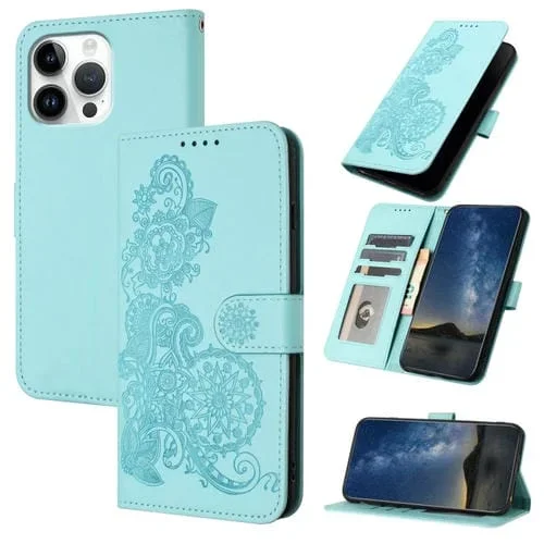 Funda para Teléfono iPhone 16 Pro Max Datura Flower Cuero con Tapa en Relieve (Azul Claro)