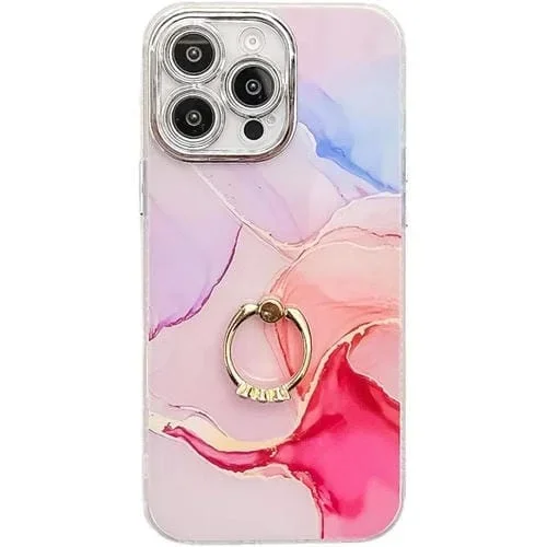 Funda para Teléfono iPhone 16 Pro Max Soporte de Anillo Textura Mármol Galvanizado (Rojo S7)
