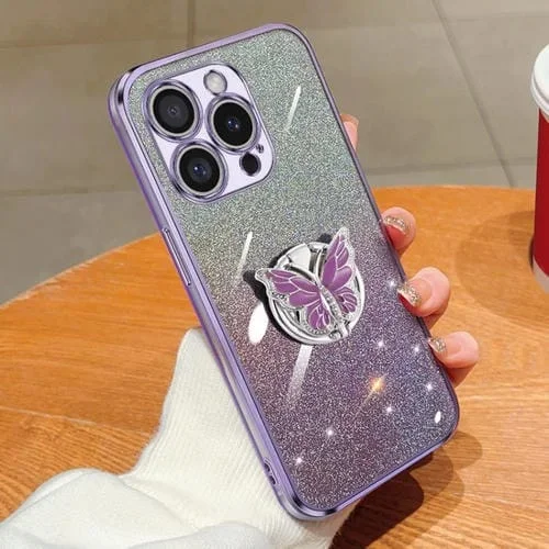 Funda para Teléfono iPhone 16 Pro Soporte Mariposa Purpurina Degradada (Morado)