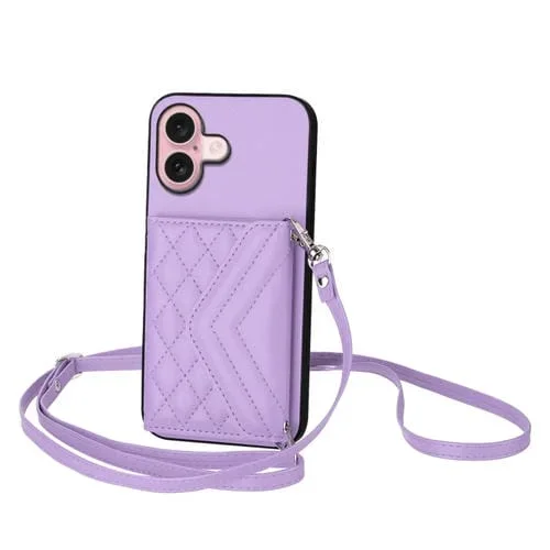 Funda para Teléfono iPhone 16 Textura Rómbica Tarjetero Rfid Cordón Largo (Morado Claro)