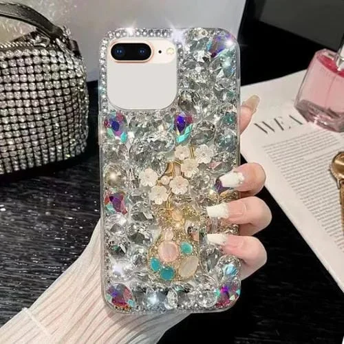 Funda para Teléfono iPhone 7 Plus/8 Plus con Incrustaciones de Diamantes Hecha a Mano con Flor de Ciruelo (Blanco)