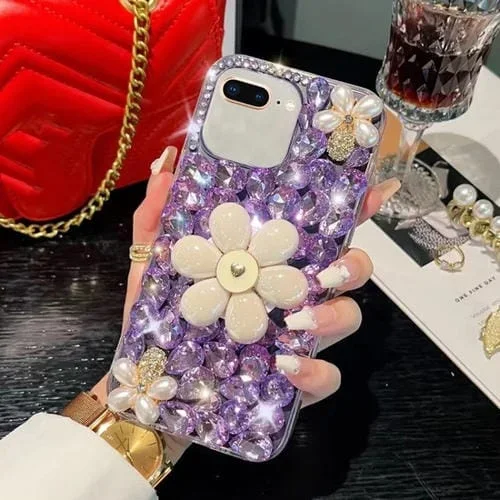 Funda para teléfono iPhone 7 Plus 8 Plus Forma de Girasol Diamante Colocada a Mano (Púrpura)