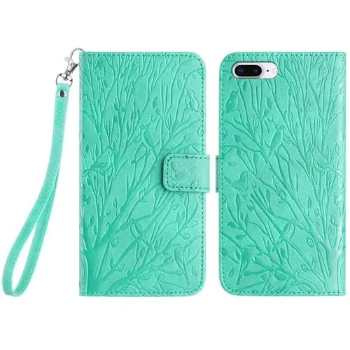 Funda para Teléfono iPhone 8 Plus/7 Plus/6 Plus Cuero Patrón En Relieve Pájaros Árbol (Verde)