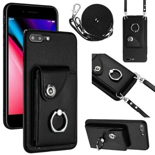 Funda para Teléfono iPhone 8 Plus/7 Plus con Soporte para Anillo Bolsa para Tarjeta y Cordón Largo (Negro)