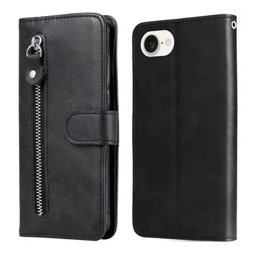 Funda para Teléfono iPhone SE 2022 Cuero con Cremallera y Textura de Becerro (Negro)
