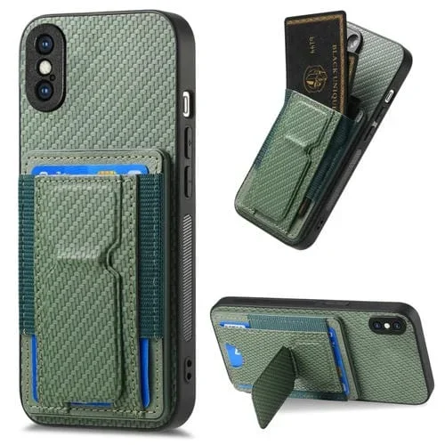 Funda para Teléfono iPhone X / Xs Bolsa para Tarjeta Elástica Soporte Plegable Fibra de Carbono (Verde)