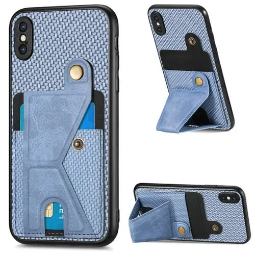 Funda para Teléfono iPhone X / Xs Cartera Fibra de Carbono con Soporte en Forma de K (Azul)