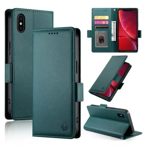 Funda para Teléfono iPhone X Xs Cuero Esmerilado Magnético con Hebilla Lateral (Verde Oscuro)