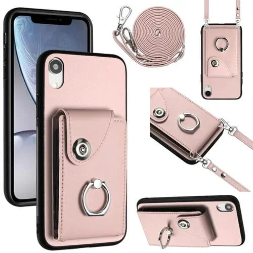 Funda para Teléfono iPhone Xr con Soporte para Anillo y Bolsa para Tarjeta de Órgano con Cordón Largo (Rosa)