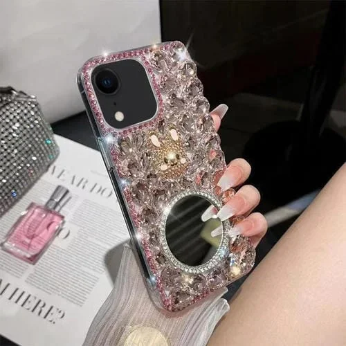 Funda para Teléfono iPhone Xr Diamond Mirror Bunny Hecha a Mano para PC (Espejo Rosa)