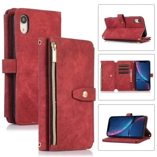 Funda para Teléfono iPhone Xr Dream 9-Card Wallet Zipper Bag Cuero (Rojo)
