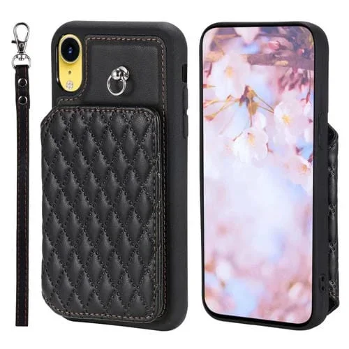 Funda para Teléfono iPhone Xr Grid Texture Card Bag con Cordón (Negro)
