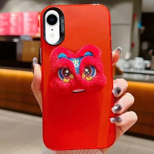 Funda para Teléfono iPhone Xr Lion Dance Plush Doll Año Nuevo (León Rojo con Espalda Roja)