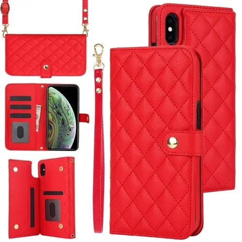 Funda para Teléfono iPhone Xs Max Crossbody Cuero Rómbico Multifunción (Rojo)