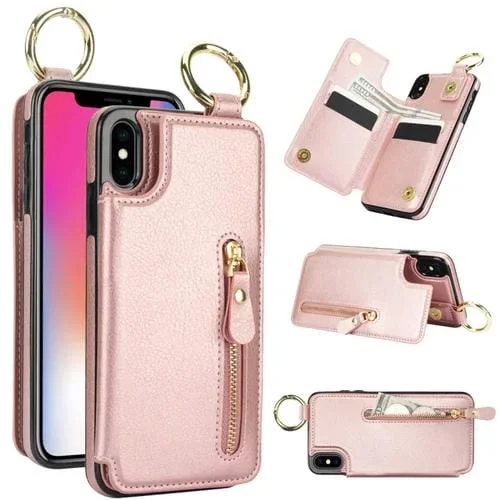 Funda para Teléfono iPhone Xs / X con Bolsa para Tarjetas Doble Hebilla Cremallera (Oro Rosa)