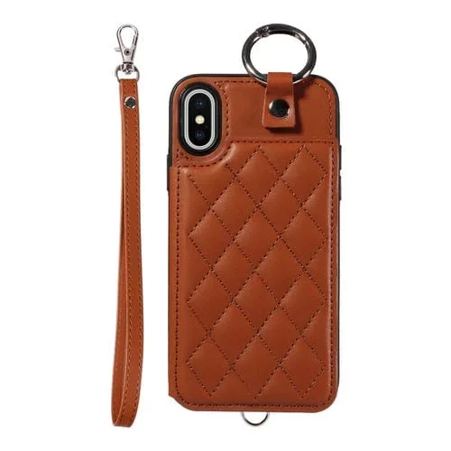 Funda para Teléfono iPhone Xs / X con Bolsa para Tarjetas Textura Rómbica y Cordón Corto (Marrón)